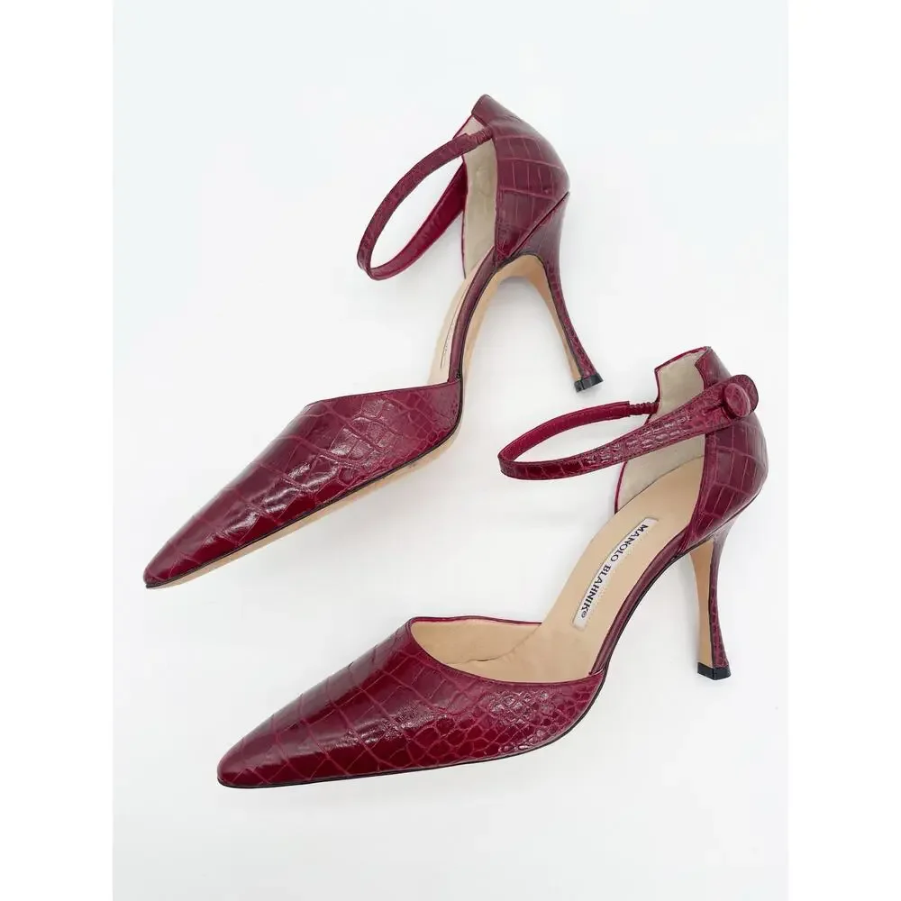 Manolo Blahnik Vintage Burgundy Exotic Alligator Leather Ankle Strap Heels IT 40